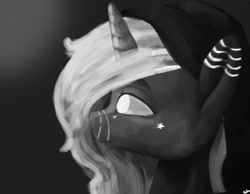 Size: 2300x1789 | Tagged: safe, artist:minckies, imported from derpibooru, oc, oc only, pony, unicorn, beanie, bust, grayscale, hat, horn, monochrome, solo, unicorn oc