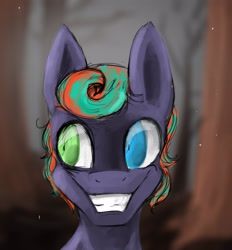 Size: 2359x2541 | Tagged: safe, artist:minckies, imported from derpibooru, oc, oc only, oc:calamity, earth pony, pony, fallout equestria, bust, earth pony oc, grin, heterochromia, outdoors, smiling, solo