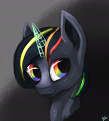 Size: 1870x2090 | Tagged: safe, artist:minckies, imported from derpibooru, oc, oc only, pony, unicorn, abstract background, bust, horn, signature, smiling, solo, unicorn oc
