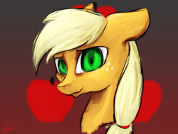 Size: 2358x1784 | Tagged: safe, artist:minckies, imported from derpibooru, applejack, earth pony, pony, bust, cutie mark background, female, freckles, gradient background, mare, signature, solo