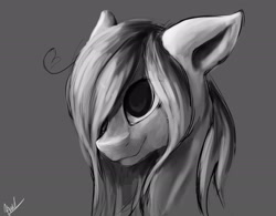 Size: 2457x1920 | Tagged: safe, artist:minckies, imported from derpibooru, oc, oc only, earth pony, pony, bust, earth pony oc, gray background, hair over one eye, signature, simple background, smiling, solo