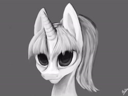 Size: 2667x1996 | Tagged: safe, artist:minckies, imported from derpibooru, oc, oc only, pony, unicorn, bust, female, gray background, horn, mare, signature, simple background, solo, unicorn oc