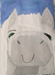 Size: 1035x1422 | Tagged: safe, artist:shitty painter, imported from derpibooru, imported from twibooru, oc, oc only, oc:cirrus wisp, earth pony, pony, female, gouache, image, long mane, looking at you, mare, png, sky, smiling, snoofa, snowpony, solo, taiga pony, traditional art, yakutian horse