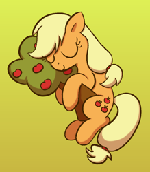 Size: 914x1044 | Tagged: safe, artist:algoatall, applejack, earth pony, pony, apple, apple tree, drawthread, eyes closed, featured image, gradient background, hug, plushie, requested art, simple background, smiling, solo, tree