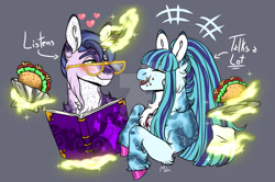 Size: 1280x849 | Tagged: safe, artist:malinraf1615, imported from derpibooru, clayton potter, larry cooper, sonata dusk, pony, book, equestria girls ponified, food, magic, ponified, taco