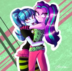 Size: 1131x1115 | Tagged: safe, artist:frezzzypop, imported from derpibooru, aria blaze, sonata dusk, equestria girls, abstract background, duo, embrace, fangs, female, signature