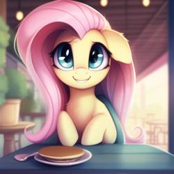 Size: 640x640 | Tagged: safe, imported from derpibooru, fluttershy, pony, ai content, ai generated, cafe, cafeteria, cute, dinner, female, floppy ears, food, generator:novelai, generator:stable diffusion, looking at you, pancakes, shyabetes, sitting at table, smiling, solo