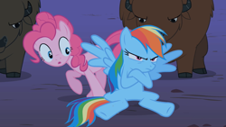 Size: 1280x720 | Tagged: safe, imported from derpibooru, screencap, pinkie pie, rainbow dash, buffalo, earth pony, pegasus, pony, over a barrel, season 1, angry, crossed hooves, female, frown, group, grumpy, mare, open mouth, pouting, quartet, rainbow dash is not amused, raised hoof, shadow, sitting, spread wings, unamused, unnamed character, wings