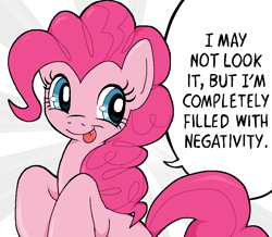 Size: 909x791 | Tagged: safe, artist:muffinz, imported from derpibooru, pinkie pie, earth pony, pony, cute, diapinkes, dissonant caption, female, ponified, reference, smug, solo, subversive kawaii, text