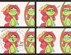 Size: 2000x1538 | Tagged: safe, artist:inkypuso, imported from derpibooru, tree hugger, earth pony, pony, 4 panel comic, 420, 4koma, based, bipedal, bloodshot eyes, bong, comic, dialogue, dreadlocks, duckery in the comments, featured image, female, high, implied drug use, mare, mirror, reflection, solo, squint, stoned, tree stoner