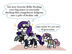 Size: 2428x1836 | Tagged: safe, artist:punkittdev, imported from derpibooru, rarity, sweetie belle, pony, unicorn, clothes, cosplay, costume, dialogue, duel disk, duo, female, filly, foal, lidded eyes, mare, mokuba kaiba, open mouth, open smile, seto kaiba, siblings, simple background, sisters, smiling, sparkles, speech bubble, white background, yu-gi-oh!