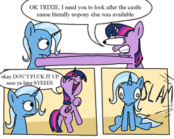 Size: 1019x815 | Tagged: safe, artist:notfocks, imported from derpibooru, part of a set, trixie, twilight sparkle, alicorn, pony, unicorn, cartoon physics, comic, dialogue, duo, eye bulging, female, mare, speech bubble, twilight sparkle (alicorn)