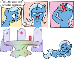 Size: 1019x815 | Tagged: safe, artist:notfocks, imported from derpibooru, part of a set, trixie, pony, unicorn, coca-cola, comic, cutie map, dialogue, drink, drinking, female, lying down, mare, on side, soda can, solo, speech bubble, suddenly hands