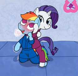Size: 1023x1000 | Tagged: safe, artist:author92, imported from derpibooru, rainbow dash, rarity, pegasus, pony, unicorn, ahegao, breath, chokehold, clothed ponies, clothes, duo, gi, martial artist rarity, martial arts, open mouth, red face, smiling, tongue out