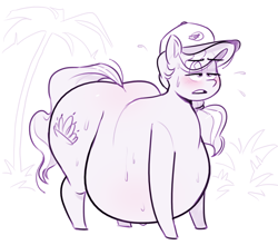 Size: 1250x1100 | Tagged: safe, artist:secretgoombaman12345, imported from derpibooru, diamond tiara, earth pony, pony, chubby diamond, eyebrows, eyebrows visible through hair, fat, female, hat, hot, lidded eyes, monochrome, obese, palm tree, solo, sweat, tree