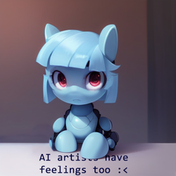 Size: 512x512 | Tagged: safe, imported from derpibooru, oc, oc only, pony, robot, robot pony, :<, ai content, ai generated, frown, looking at you, lying down, prone, sad, solo, text