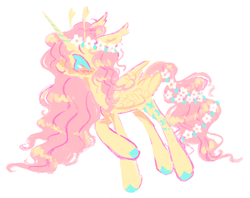 Size: 1280x1013 | Tagged: safe, artist:webkinzworldz, imported from derpibooru, fluttershy, alicorn, pony, antenna, antennae, colored hooves, ear fluff, floral head wreath, flower, flower in tail, race swap, simple background, solo, tail, white background