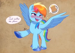 Size: 4096x2897 | Tagged: safe, artist:artharuhi, imported from derpibooru, rainbow dash, pegasus, pony, blushing, cider, cider dash, cute, dialogue, drunk, drunker dash, female, go home you're drunk, lidded eyes, mare, open mouth, open smile, raised hoof, smiling, solo, spread wings, that pony sure does love cider, underhoof, unshorn fetlocks, wings