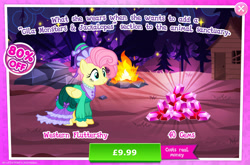 Size: 1964x1298 | Tagged: safe, imported from derpibooru, fluttershy, pegasus, pony, advertisement, clothes, costs real money, dress, english, female, folded wings, gameloft, gem, hat, mare, mobile game, my little pony: magic princess, numbers, official, sale, solo, text, wings