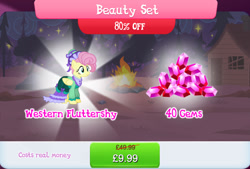 Size: 1268x857 | Tagged: safe, imported from derpibooru, fluttershy, pegasus, pony, bundle, clothes, costs real money, dress, english, female, folded wings, gameloft, gem, hat, mare, mobile game, my little pony: magic princess, numbers, official, sale, solo, text, wings