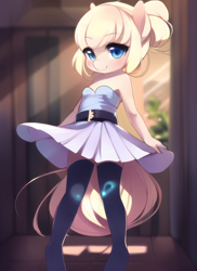 Size: 1024x1408 | Tagged: safe, artist:cdv, derpibooru exclusive, imported from derpibooru, oc, oc:silk stocking, anthro, ai assisted, ai content, ai generated, clothes, cute, dress, female, filly, foal, generator:novelai, generator:stable diffusion, indoors, looking at you, paraskirt, solo