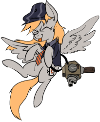 Size: 777x947 | Tagged: safe, imported from derpibooru, oc, oc:horsetv, pegasus, /mlp/ tf2 general, camera, clothes, cute, eyes closed, female, hat, jacket, mare, necktie, simple background, solo, sourcetv, spread wings, team fortress 2, team fortress 2 logo, tongue out, transparent background, wings