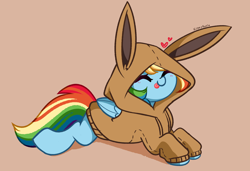 Size: 5664x3880 | Tagged: safe, artist:kittyrosie, imported from derpibooru, rainbow dash, eevee, pegasus, pony, clothes, cute, dashabetes, eyes closed, hoodie, kittyrosie is trying to murder us, pokémon, simple background, tongue out