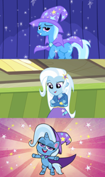 Size: 1920x3240 | Tagged: safe, edit, edited screencap, imported from derpibooru, screencap, trixie, human, pony, unicorn, boast busters, equestria girls, equestria girls (movie), my little pony: pony life, cape, clothes, friendship gems, g4.5, hat, jacket, skirt, trixie's cape, trixie's hat