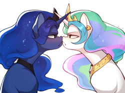 Size: 2225x1656 | Tagged: safe, artist:minekoo2, imported from derpibooru, princess celestia, princess luna, alicorn, pony, blushing, boop, crossed horns, duo, duo female, female, high res, horn, horns are touching, mare, nose to nose, noseboop, royal sisters, siblings, simple background, sisters, staring contest, unamused, white background