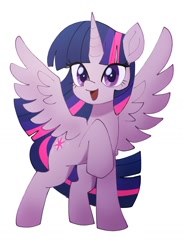 Size: 1066x1453 | Tagged: safe, artist:plusplus_pony, imported from derpibooru, twilight sparkle, alicorn, pony, cute, female, horn, looking at you, mare, open mouth, raised hoof, simple background, solo, spread wings, twiabetes, twilight sparkle (alicorn), white background, wings