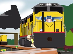 Size: 4096x3043 | Tagged: safe, artist:ponyrailartist, imported from derpibooru, earth pony, pony, diesel locomotive, locomotive, safety vest, signature, solo, train, union pacific, yard