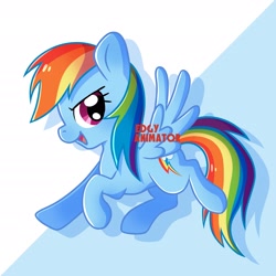 Size: 2700x2700 | Tagged: safe, artist:edgyanimator, derpibooru exclusive, imported from derpibooru, part of a set, rainbow dash, pegasus, pony, blue background, blue coat, blue fur, blue wings, cel shading, chibi, colored, colored lineart, confident, cute pony, digital art, eyelashes, female, firealpaca, full body, looking sideways, looking to the right, mare, multicolored hair, multicolored mane, multicolored tail, open mouth, open smile, pink eyes, profile, quadrupedal, rainbow hair, raised hoof, shading, signature, simple background, simple shading, smiling, solo, spread wings, tail, wings