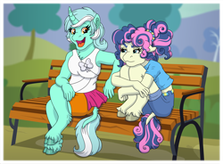Size: 4554x3346 | Tagged: safe, artist:faitheverlasting, imported from derpibooru, bon bon, lyra heartstrings, sweetie drops, anthro, earth pony, unguligrade anthro, unicorn, bench, bon bon is not amused, clothes, duo, duo female, female, floppy ears, hair tie, high res, hugging leg, implied transformation, leonine tail, lesbian, looking at each other, looking at someone, looking sideways, lyrabon, mare, meme, open mouth, open smile, pony to anthro, ponytail, shipping, sitting, sitting lyra, smiling, tail, unamused, unshorn fetlocks