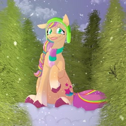 Size: 2500x2500 | Tagged: safe, artist:skeledoodles, imported from derpibooru, sunny starscout, earth pony, pony, clothes, cloud, coat markings, cute, female, forest, g5, hat, mane stripe sunny, mare, raised hoof, scarf, sitting, snow, snowfall, socks (coat markings), solo, sunnybetes, tongue out, toque, tree, unshorn fetlocks, winter hat, winter outfit