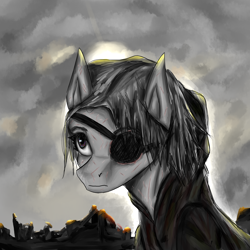 Size: 3000x3000 | Tagged: safe, artist:desperius, imported from derpibooru, oc, oc only, oc:fluster, pony, fallout equestria, cloak, clothes, eyepatch, fallout equestria: guise of chaos, fanfic, fanfic art, female, guise of chaos, mare, scar, sky background, solo