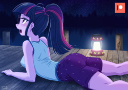 Size: 1200x848 | Tagged: safe, artist:uotapo, imported from derpibooru, sci-twi, twilight sparkle, human, equestria girls, legend of everfree, ass, breasts, butt, camp everfree outfits, clothes, female, forest, glasses, lake, lantern, looking up, lying down, open mouth, patreon, patreon logo, pier, ponytail, prone, reasonably sized breasts, sci-twibutt, shorts, solo, stargazing, stars, tanktop, twibutt, water
