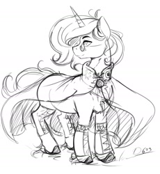 Size: 1817x1973 | Tagged: safe, artist:thelunarmoon, imported from derpibooru, oc, oc only, oc:lunar moon, pony, unicorn, cape, clothes, glasses, grayscale, male, monochrome, offspring, parent:princess celestia, round glasses, simple background, sketch, solo, stallion, white background