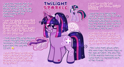 Size: 2097x1134 | Tagged: safe, artist:dipperclassic, imported from derpibooru, twilight sparkle, pony, unicorn, big eyes, cute, cutie mark, glasses, glasses off, glowing, glowing horn, hoof heart, hoof polish, horn, magic, messy mane, ponytail, redesign, scrunchie, solo, sparkles, text, unicorn twilight