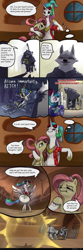 Size: 1963x5885 | Tagged: safe, artist:ciborgen, imported from derpibooru, fluttershy, princess celestia, princess luna, zecora, alicorn, anthro, pegasus, pony, wolf, zebra, alternate hairstyle, backwards ballcap, baseball cap, bipedal, breaking the fourth wall, cap, comic, controller, crossover, death (puss in boots), dialogue, eating, female, flashback, gratuitous spanish, hand, hat, hay, high res, magic, magic hands, male, mare, ponytail, propeller hat, puss in boots (film), puss in boots: the last wish, shrek, speech bubble
