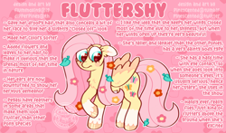 Size: 2000x1172 | Tagged: safe, artist:dipperclassic, imported from derpibooru, fluttershy, pegasus, pony, big eyes, blushing, chest fluff, cute, ear fluff, female, flower, flower in hair, flower in tail, folded wings, green eyes, hoof heart, hoof polish, leaves, leaves in hair, looking down, mare, nervous, pink background, pink mane, raised hoof, redesign, shy, shyabetes, simple background, solo, standing, tail, text, wings