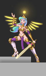 Size: 1024x1700 | Tagged: safe, artist:dinosaurcol, imported from derpibooru, princess celestia, human, armor, boots, bra, clothes, crossover, crown, element of magic, god empress of ponykind, halo, high heels, humanized, jewelry, regalia, shoes, socks, sword, thigh boots, thigh highs, twisword, unconvincing armor, underwear, warhammer (game), warhammer 40k, warrior, warrior celestia, weapon