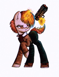 Size: 1920x2500 | Tagged: safe, artist:menalia, imported from derpibooru, oc, oc only, oc:f-1 net-0, pony, robot, robot pony, unicorn, clothes, cyberpunk, female, gun, jacket, looking at something, magic, magic aura, mare, pants, raised hoof, shoes, simple background, sneakers, solo, sweater, weapon, white background