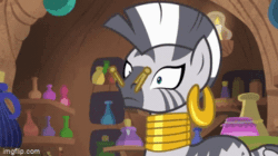 Size: 360x202 | Tagged: safe, imported from derpibooru, screencap, zecora, molt down, season 8, spoiler:s08, animated, bottle, bracelet, clothespin, cotton, cotton balls, ear piercing, earring, female, gif, imgflip, jewelry, leg rings, looking sideways, mare, neck rings, necklace, open mouth, piercing, pinpoint eyes, raised hoof, raised leg, shelves, shocked, solo, zecora's hut