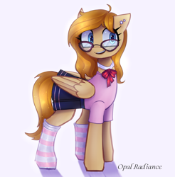 Size: 2800x2840 | Tagged: safe, artist:opal_radiance, imported from derpibooru, oc, oc only, unnamed oc, pegasus, pony, clothes, commission, cute, ear piercing, female, folded wings, glasses, high res, mare, meganekko, ocbetes, open mouth, open smile, pegasus oc, piercing, shadow, shirt, signature, simple background, skirt, smiling, socks, solo, striped socks, t-shirt, white background, wings