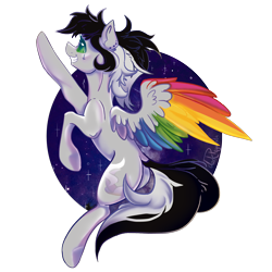Size: 2000x2000 | Tagged: safe, artist:dankpegasista, derpibooru exclusive, imported from derpibooru, oc, oc only, oc:lunar dash, pegasus, pony, bangs, big smile, butt, chest fluff, circle background, colored wings, cute, digital art, ear fluff, ear piercing, eyelashes, faded cutie mark, female, flowy mane, flying, full body, full color, green eyes, grin, high res, highlights, krita, large wings, lineart, long tail, mare, messy mane, multicolored wings, ocbetes, piercing, plot, png, ponytail, purple background, purple hair, rainbow wings, raised hoof, shading, shiny skin, simple background, simple shading, smiling, solo, sparkles, spread wings, tail, tattoo, teeth, transparent background, upright, wings