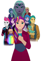 Size: 540x800 | Tagged: safe, alternate version, artist:fantasygerard2000, imported from derpibooru, hitch trailblazer, izzy moonbow, opaline arcana, pipp petals, sprout cloverleaf, sunny starscout, zipp storm, dragon, human, equestria girls, spoiler:g5, spoiler:my little pony: make your mark, alternate hairstyle, baby, baby dragon, belt, bow, bowtie, braid, carrying, choker, clothes, coat, crown, dress, ear piercing, earring, equestria girls-ified, female, freckles, g5, g5 to equestria girls, generation leap, gloves, holding, jacket, jewelry, lantern, looking at you, looking offscreen, male, mane seven (g5), misty brightdawn, multicolored hair, my little pony: make your mark, phone, piercing, regalia, simple background, sparky sparkeroni, style emulation, suit, transparent background, vest