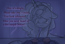 Size: 1011x696 | Tagged: safe, anonymous artist, imported from derpibooru, pony, unicorn, series:misty pov, bust, cornrows, crying, dialogue, ears back, female, food, g5, implied dahlia, jewelry, limited palette, looking away, looking down, mare, misty brightdawn, muffin, necklace, offscreen character, pastry, raised hoof, shaking, solo, steam, teary eyes, tray, unshorn fetlocks, wavy mouth