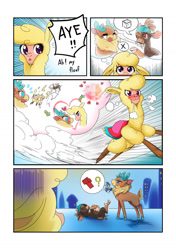 Size: 1024x1454 | Tagged: safe, artist:abyssalrabbit, imported from derpibooru, shanty (tfh), alpaca, deer, goat, reindeer, them's fightin' herds, 4 panel comic, :3, blushing, censored, cloven hooves, comic, community related, dialogue, female, lesbian, mosaic censor, paprika (tfh), shipping, text, thought bubble, tongue out, velverika, velvet (tfh)
