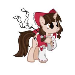 Size: 1200x1200 | Tagged: safe, artist:fish_meow, imported from derpibooru, pony, unicorn, bow, female, hakurei reimu, mare, miko, ponified, simple background, solo, touhou, white background