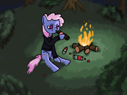 Size: 2000x1500 | Tagged: safe, artist:jusussi, imported from derpibooru, rainbowshine, pegasus, pony, background pony, campfire, coca-cola, drinking, solo